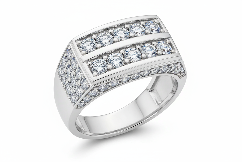 A high-resolution, realistic product photo of a men's lab-grown diamond ring made of 14k white gold. The ring features a bold, masculine design with two horizontal rows of round brilliant-cut diamonds across the face and smaller diamonds set along the sides. Each diamond sparkles with exceptional clarity and brilliance. The metal is polished to a mirror-like shine, with soft studio lighting and a clean white background for a luxury jewelry catalog look.