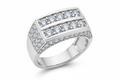 A high-resolution, realistic product photo of a men's lab-grown diamond ring made of 14k white gold. The ring features a bold, masculine design with two horizontal rows of round brilliant-cut diamonds across the face and smaller diamonds set along the sides. Each diamond sparkles with exceptional clarity and brilliance. The metal is polished to a mirror-like shine, with soft studio lighting and a clean white background for a luxury jewelry catalog look.