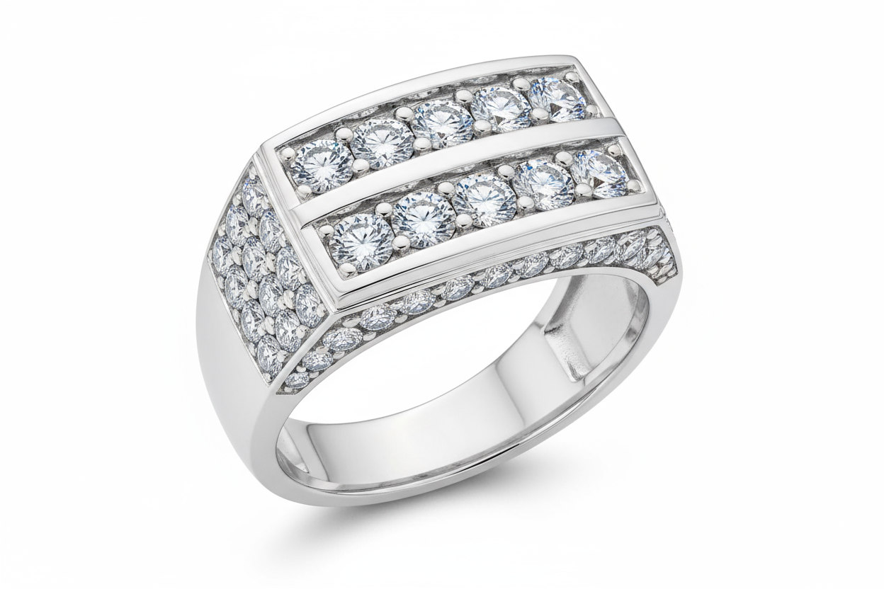 A high-resolution, realistic product photo of a men's lab-grown diamond ring made of 14k white gold. The ring features a bold, masculine design with two horizontal rows of round brilliant-cut diamonds across the face and smaller diamonds set along the sides. Each diamond sparkles with exceptional clarity and brilliance. The metal is polished to a mirror-like shine, with soft studio lighting and a clean white background for a luxury jewelry catalog look.