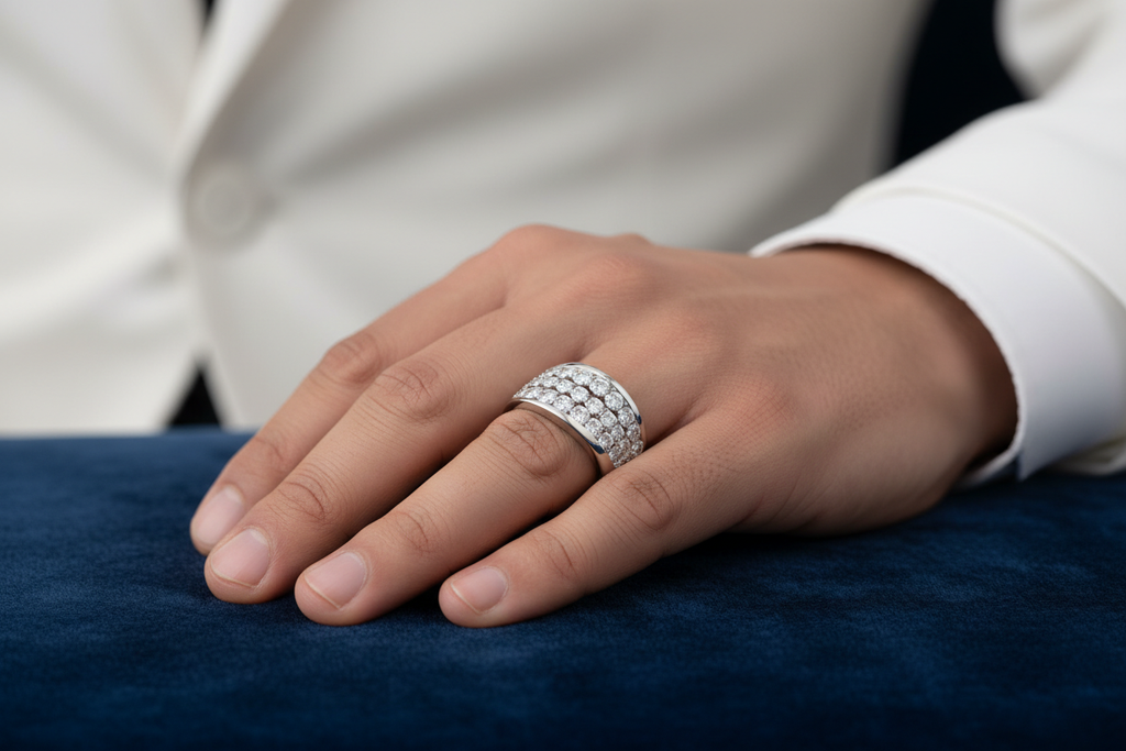 A realistic close-up of a white suited man’s hand wearing a bold 14k white gold ring with rows of round lab-grown diamonds totaling 3 carats. The ring has a clean, modern, masculine design. The lighting is soft and elegant, highlighting the diamonds and polished metal, photographed in a luxury jewelry ad style.