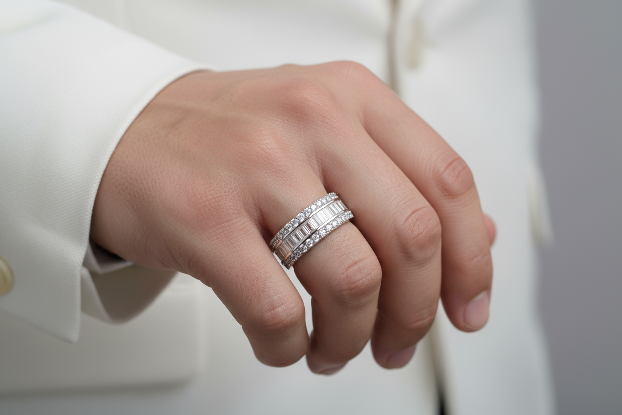 A realistic shot of a white suited man’s hand wearing a wide 14k white gold diamond band. The ring features baguette-cut lab-grown diamonds across the center and round diamonds along the edges. 