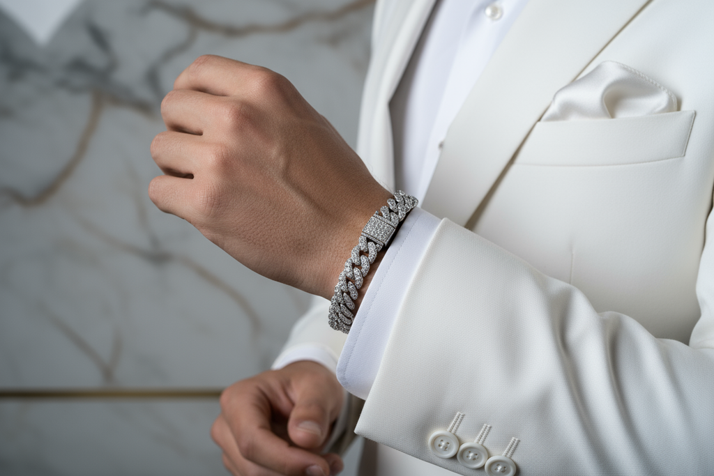 generate a photo of a man in a white suit wearing a iced out 8mm cuban bracelet 