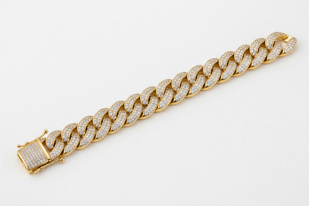 8mm iced Cuban link bracelet in gold plated sterling silver with lab diamonds